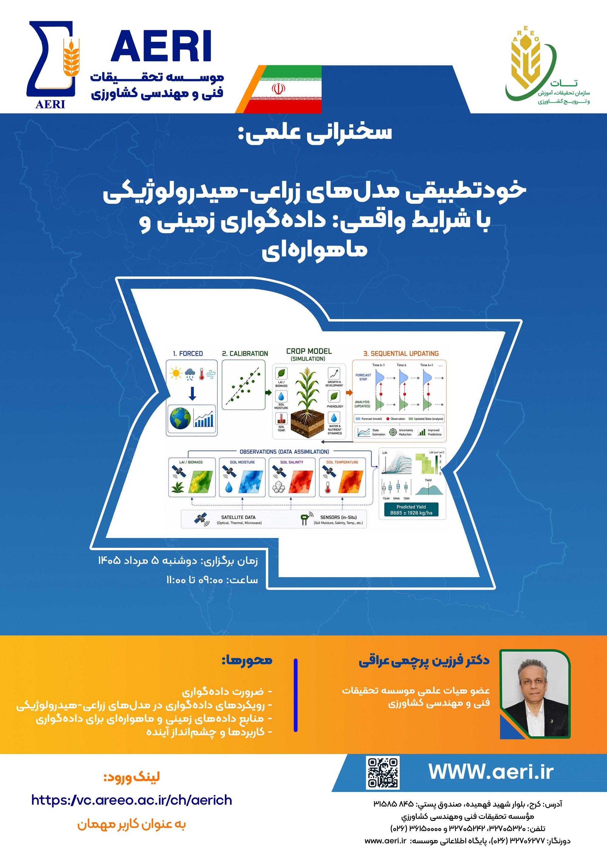 سخنرانی علمی: خودتطبیقی مدل‌هاي زراعی-هیدرولوژیکی با شرایط واقعی: داده‌گواري زمینی و ماهواره‌اي